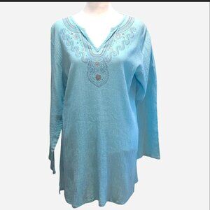 "age group", women's 100% cotton, sky blue tunic, size large